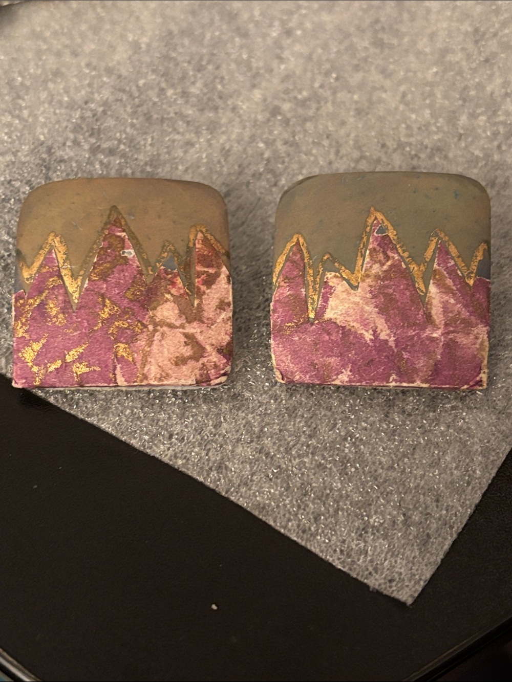 Handcrafted Purple and Gold Peak-Accent Square Earrings